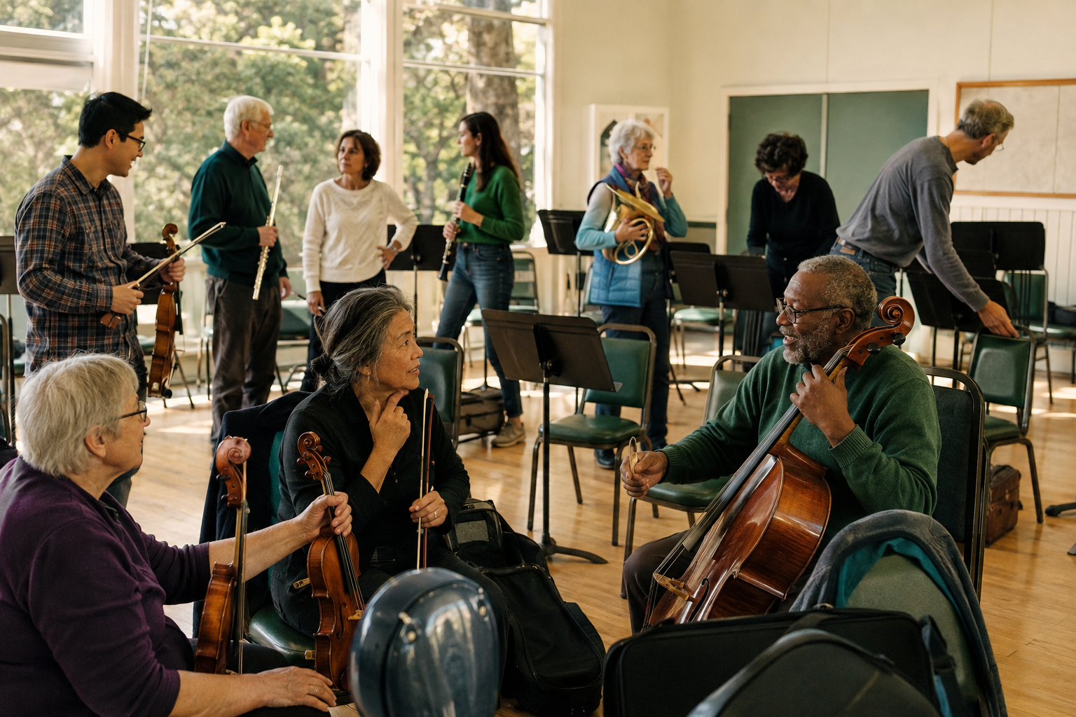 A multigenerational group of community musicians gathering with orchestral instruments